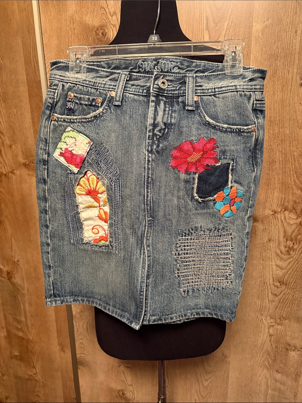 100% cotton  Denim Patchwork Pencil Skirt - Blue with Floral Embroidery-Miss Me